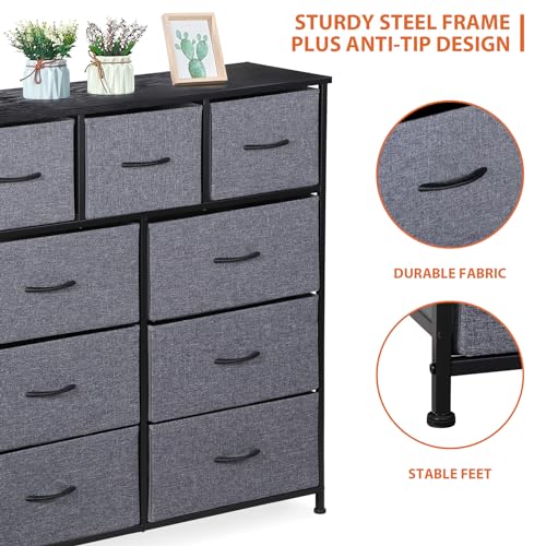 SUPER DEAL Dresser for Bedroom 9 Drawer Fabric Storage Tower Tall Chest Organizer Unit for Living Room Nursery Entryway Closets, Heavy Duty Steel Frame, Wood Top Black Grey