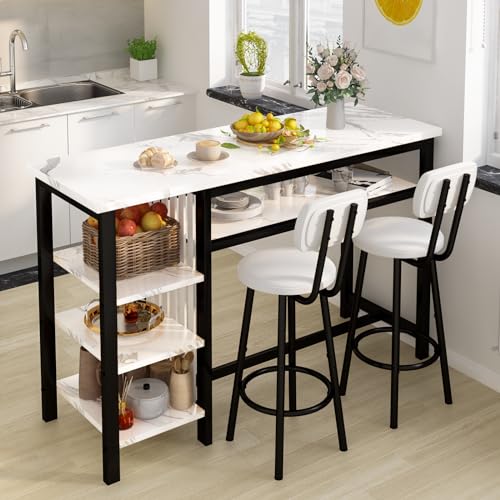 AWQM 3-Piece Bar Table and Chairs Set, Modern White Faux Marble Table with 2 PU Cushion Bar Stools, Kitchen Counter with 3 Tier Storage Shelves, Space Saving Table for Home & Kitchen, Black Frame