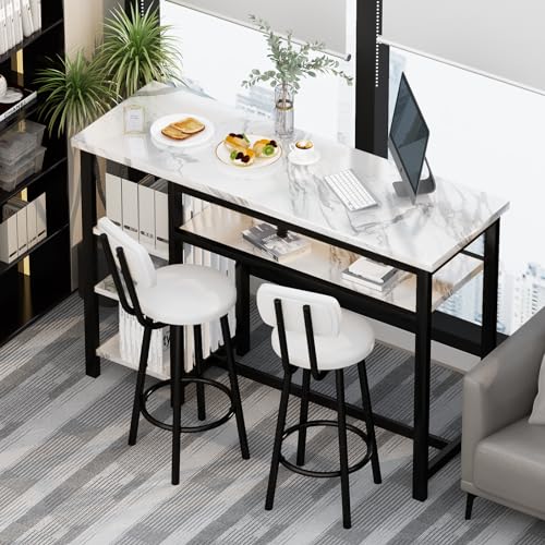 AWQM 3-Piece Bar Table and Chairs Set, Modern White Faux Marble Table with 2 PU Cushion Bar Stools, Kitchen Counter with 3 Tier Storage Shelves, Space Saving Table for Home & Kitchen, Black Frame