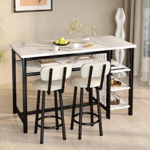 AWQM 3-Piece Bar Table and Chairs Set, Modern White Faux Marble Table with 2 PU Cushion Bar Stools, Kitchen Counter with 3 Tier Storage Shelves, Space Saving Table for Home & Kitchen, Black Frame