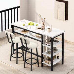 AWQM 3-Piece Bar Table and Chairs Set, Modern White Faux Marble Table with 2 PU Cushion Bar Stools, Kitchen Counter with 3 Tier Storage Shelves, Space Saving Table for Home & Kitchen, Black Frame