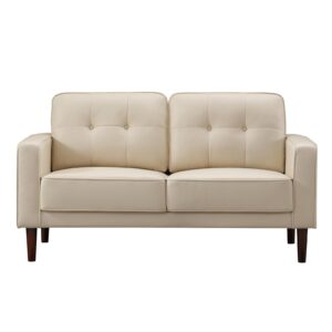 husbedom 58.7" air leather loveseat sofa for living room, button tufted small couch for small spaces, mid century modern love seat with padded cushions for bedroom, apartment, office (beige)