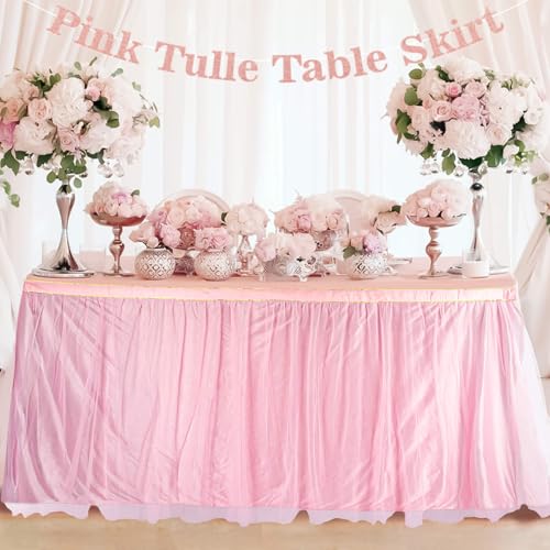 Pink Tulle Table Skirt - MAQIHAN 6ft Tulle Dining Table Skirt Buffet Tutu Table Cloth Princess Tablecloth Dessert Table Cover Wedding Tablecloth Party Decorations for Birthday Party Teacher Desk Skirt