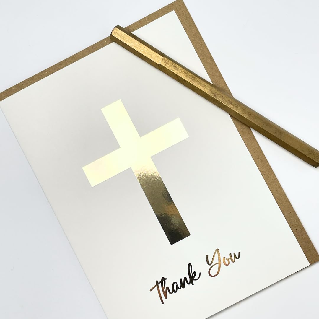 Religious Thank You Cards - Gold Foil Cross Christian Thank You Card - Baptism and Christening Cards - Thank You for Baptism Christening Gift | Blank Inside