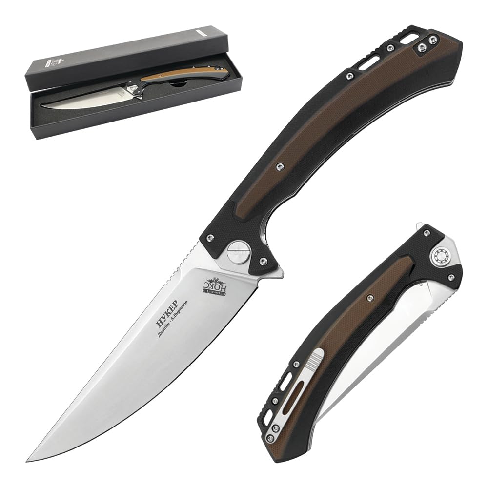 HOKC Nuker | 347-109406 | Utility Knife, Pocket Knife, EDC Knife by Official Dealer - Designed by Russian Master Aleksander Biryukov - Liner Lock, G10 Handle, Finger Flipper, Ball Bearing Pivot, Adjustable Pocket Clip, Long and Durable D2 Stainless Tool S