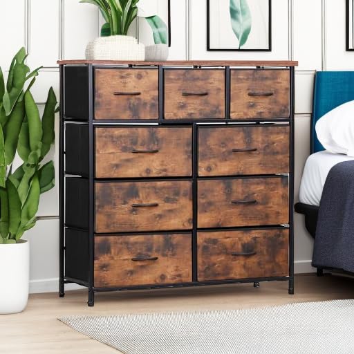 SUPER DEAL Dresser for Bedroom Fabric Dresser Storage Tower Tall Chest Organizer Unit with 9 Drawers for Living Room Nursery Entryway Closets, Steel Frame, Wood Top Rustic Brown