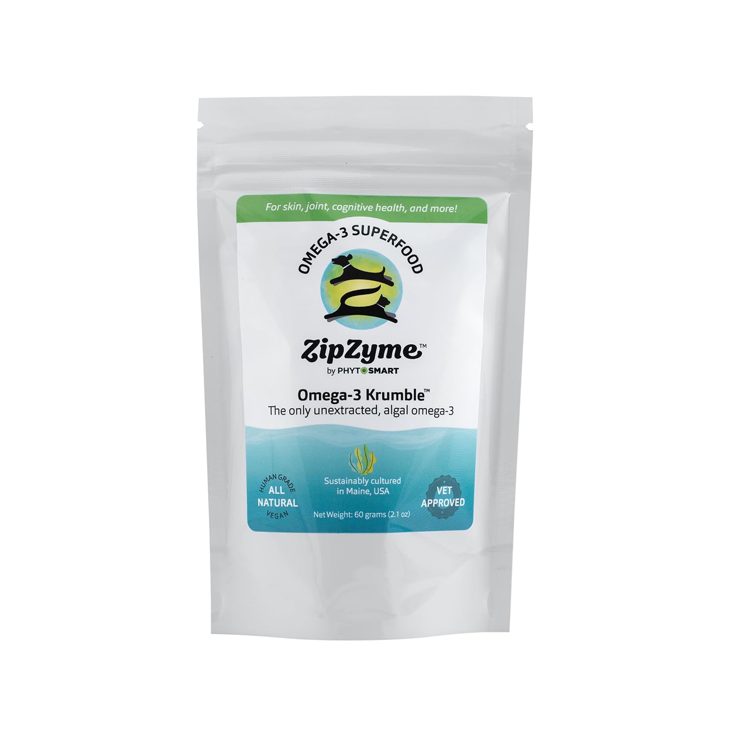 ZipZyme™ Omega-3 KRUMBLE (60g) for Pets. Phospholipid DHA Promotes Joint, Skin, Coat, Heart and Immune Health. Supports Cognitive Brain Health for Puppies, Kittens & Senior Pets. Made in Maine, USA…