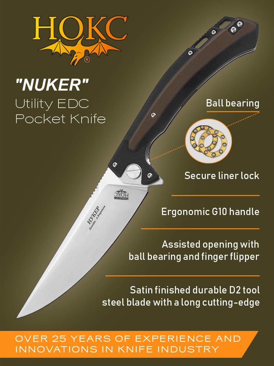 HOKC Nuker | 347-109406 | Utility Knife, Pocket Knife, EDC Knife by Official Dealer - Designed by Russian Master Aleksander Biryukov - Liner Lock, G10 Handle, Finger Flipper, Ball Bearing Pivot, Adjustable Pocket Clip, Long and Durable D2 Stainless Tool S