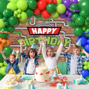 SNLN 153Pcs Turtle Birthday Party Decorations Supplies Kids Teen, Green Turtle Balloon Arch with Backdrop Tablecloth Googly Eye Long Balloons, Girls Boys Video Game Cartoon Turtle Birthday Decorations