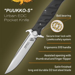 НОКС HOKC Puukko-S | 342-100406 | Pocket Knife with Liner Lock and Lawks Safety System, G10 Handle, Thumb Stud, Finger Flipper, Durable D2 Stainless Tool Steel, Satin Finished Utility Knife