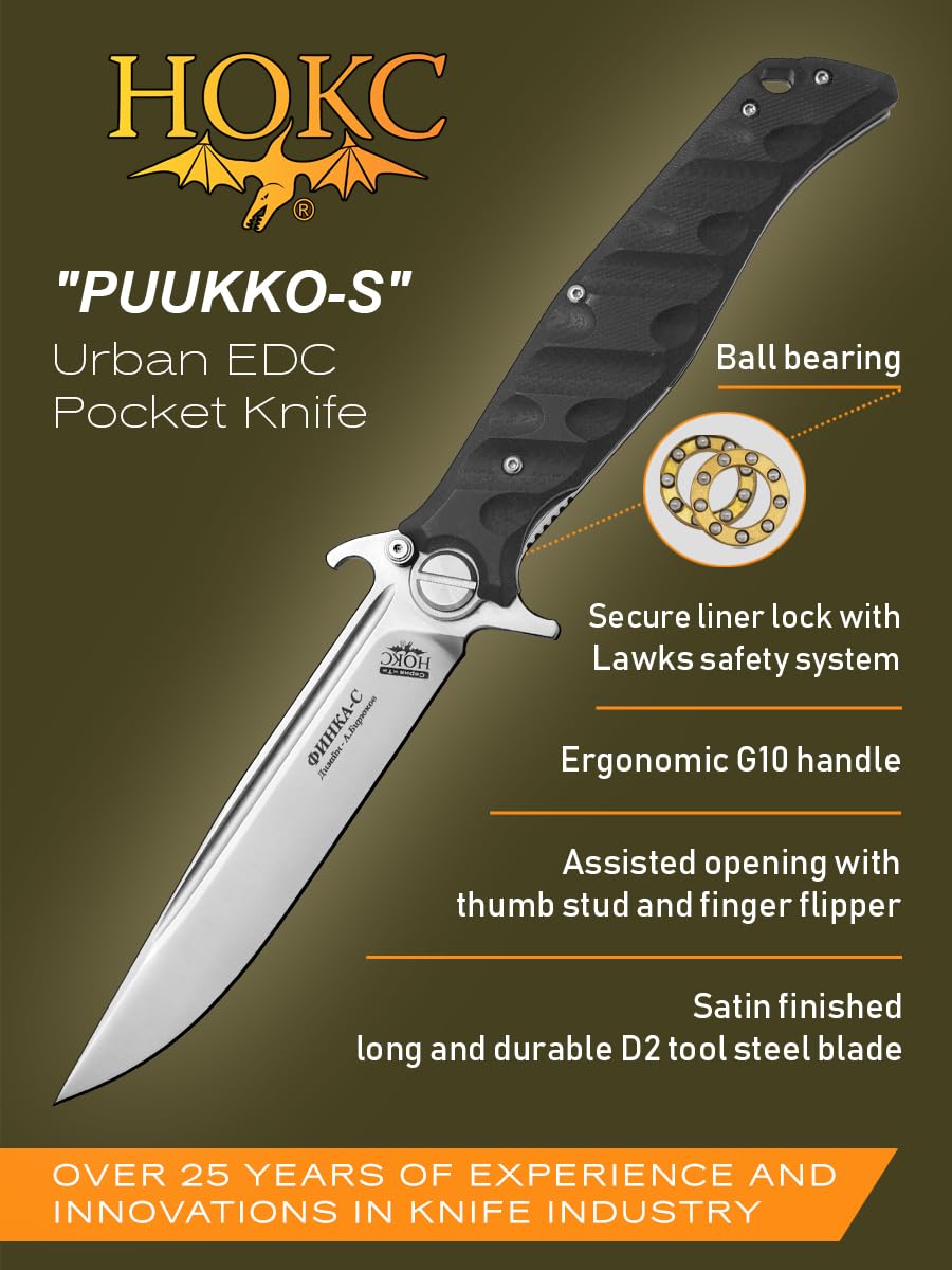 НОКС HOKC Puukko-S | 342-100406 | Pocket Knife with Liner Lock and Lawks Safety System, G10 Handle, Thumb Stud, Finger Flipper, Durable D2 Stainless Tool Steel, Satin Finished Utility Knife