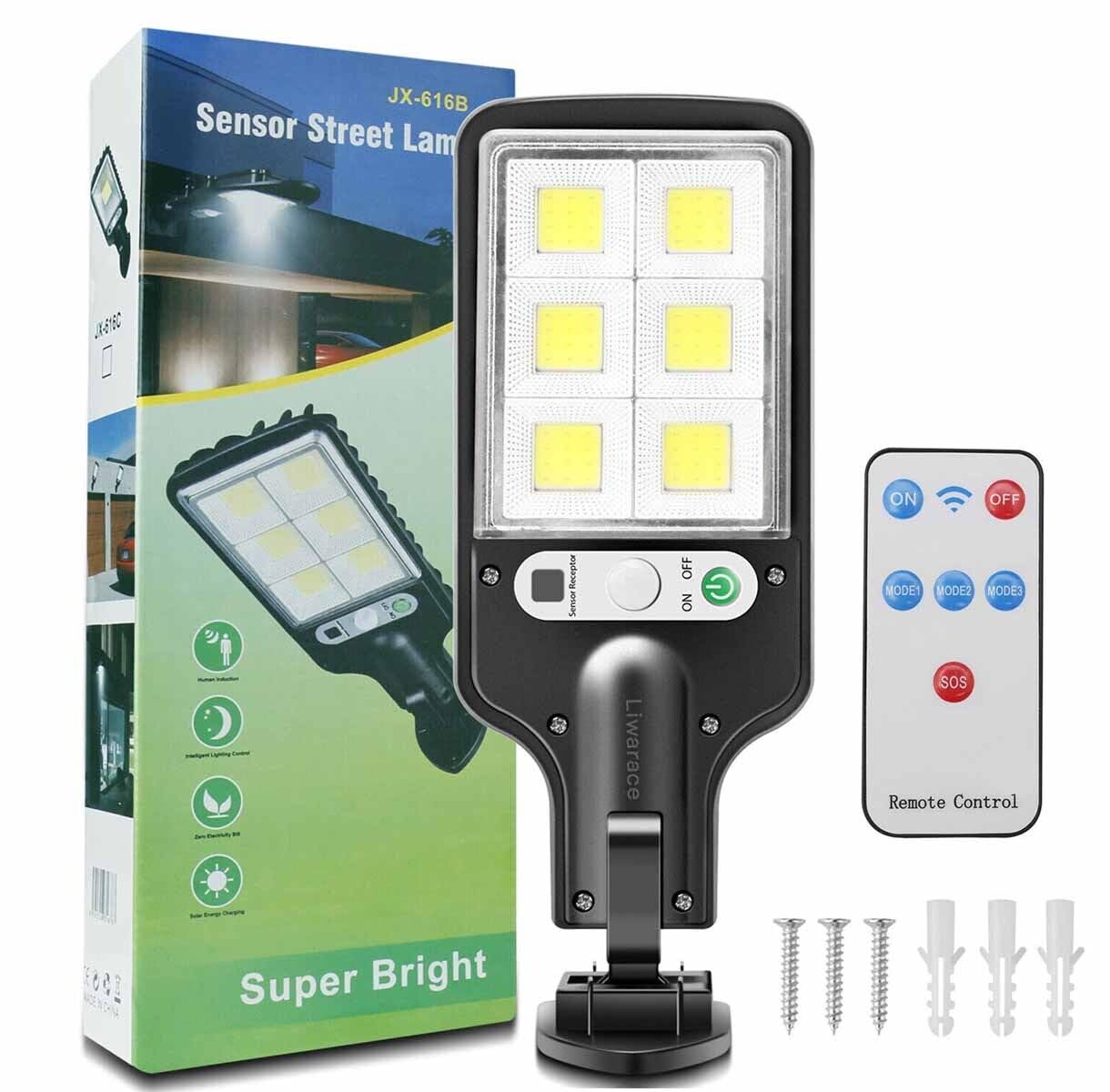 Solar Street Light Outdoor, Solar Street Light Parking Lot Lights Commercial Dusk to Dawn, 6500k IP65 Waterproof Led with Remote Control Motion for Street,Court,Tree