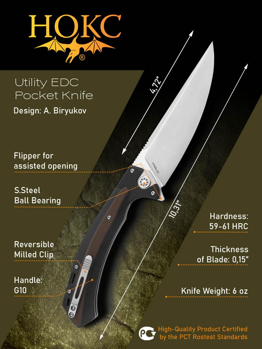 HOKC Nuker | 347-109406 | Utility Knife, Pocket Knife, EDC Knife by Official Dealer - Designed by Russian Master Aleksander Biryukov - Liner Lock, G10 Handle, Finger Flipper, Ball Bearing Pivot, Adjustable Pocket Clip, Long and Durable D2 Stainless Tool S