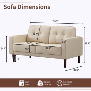 Husbedom 58.7" Air Leather Loveseat Sofa for Living Room, Button Tufted Small Couch for Small Spaces, Mid Century Modern Love Seat with Padded Cushions for Bedroom, Apartment, Office (Beige)