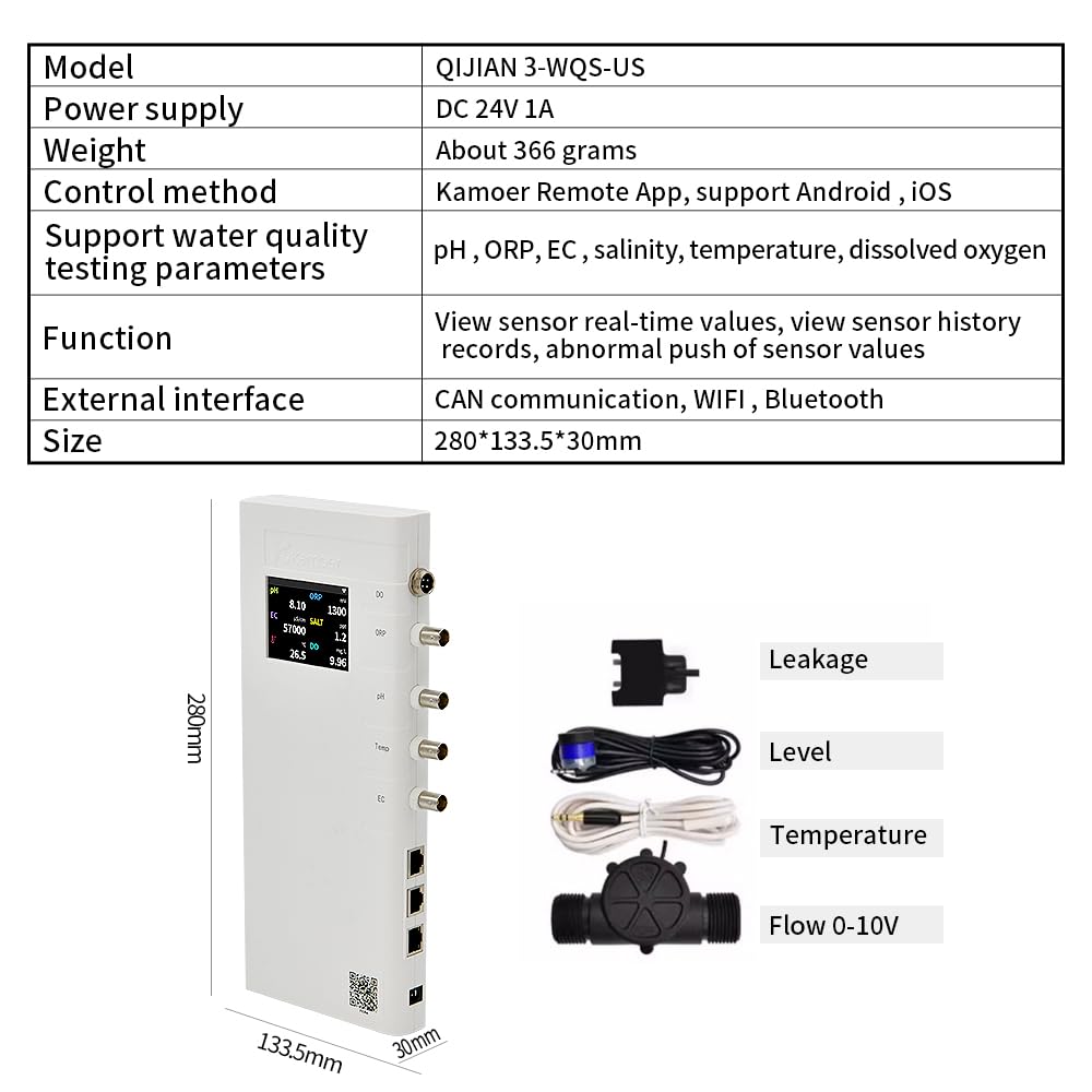 Kamoer QiJian3 Smart Digital Water Quality Tester kit pH/ORP/EC/DO/Salinity/Temp 24H Online Monitor WiFi APP Remote Control for Aquarium Fish Tank Support Historical Data Recording