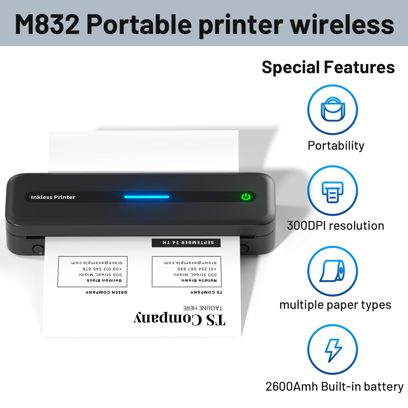 Portable Printer Wireless for Travel,M832 Bluetooth Printer Support 8.5" X 11" US Letter, Inkless Thermal Compact Printer Compatible with Android and iOS Phone & Laptop