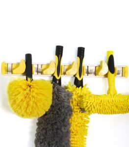 opow good grip wall-mounted mop and broom holder storage organizer cleaning tools hanger for kitchen garden laundry room and garage (4 slots, 5 hooks)