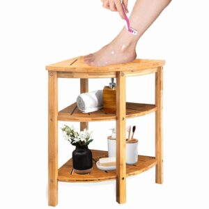 cosy kozy multifunctional 3 tier bamboo waterproof corner shower bench with storage shelf - corner shower stool for inside shower for shaving legs