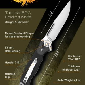 HOKC Officer's-2M | 320-100404 | Pocket Knife, EDC Knife by Official Dealer - Designed by Russian Master Aleksander Biryukov - Liner Lock, G10 Handle, Thumb Stud, Funger Flipper, Ball Bearing Pivot, Comfortable Pocket Clip, Long and Durable D2 Stainless T