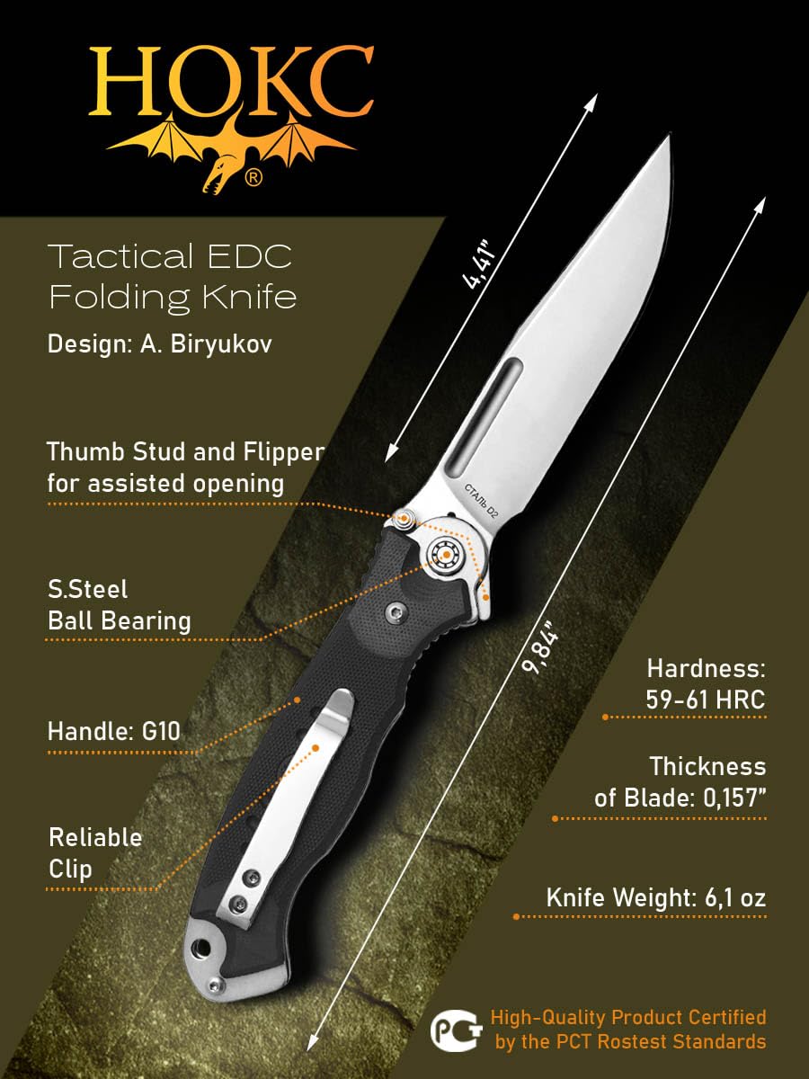 HOKC Officer's-2M | 320-100404 | Pocket Knife, EDC Knife by Official Dealer - Designed by Russian Master Aleksander Biryukov - Liner Lock, G10 Handle, Thumb Stud, Funger Flipper, Ball Bearing Pivot, Comfortable Pocket Clip, Long and Durable D2 Stainless T