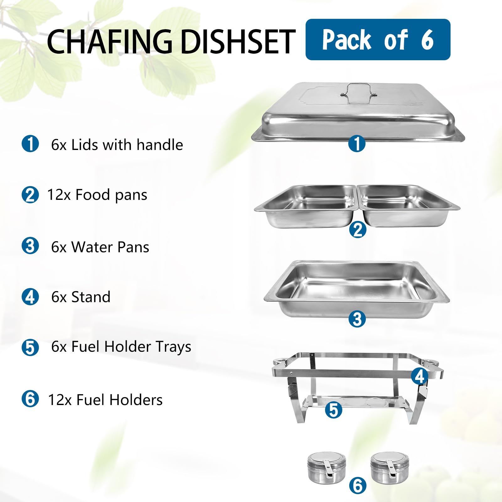 Jacgood Chafing Dish for Buffet, 6 Pack Stainless Steel Chafing Servers Food Warmer Sets with 8QT Half Size Food Pan for Kitchen Party Banquet Dining