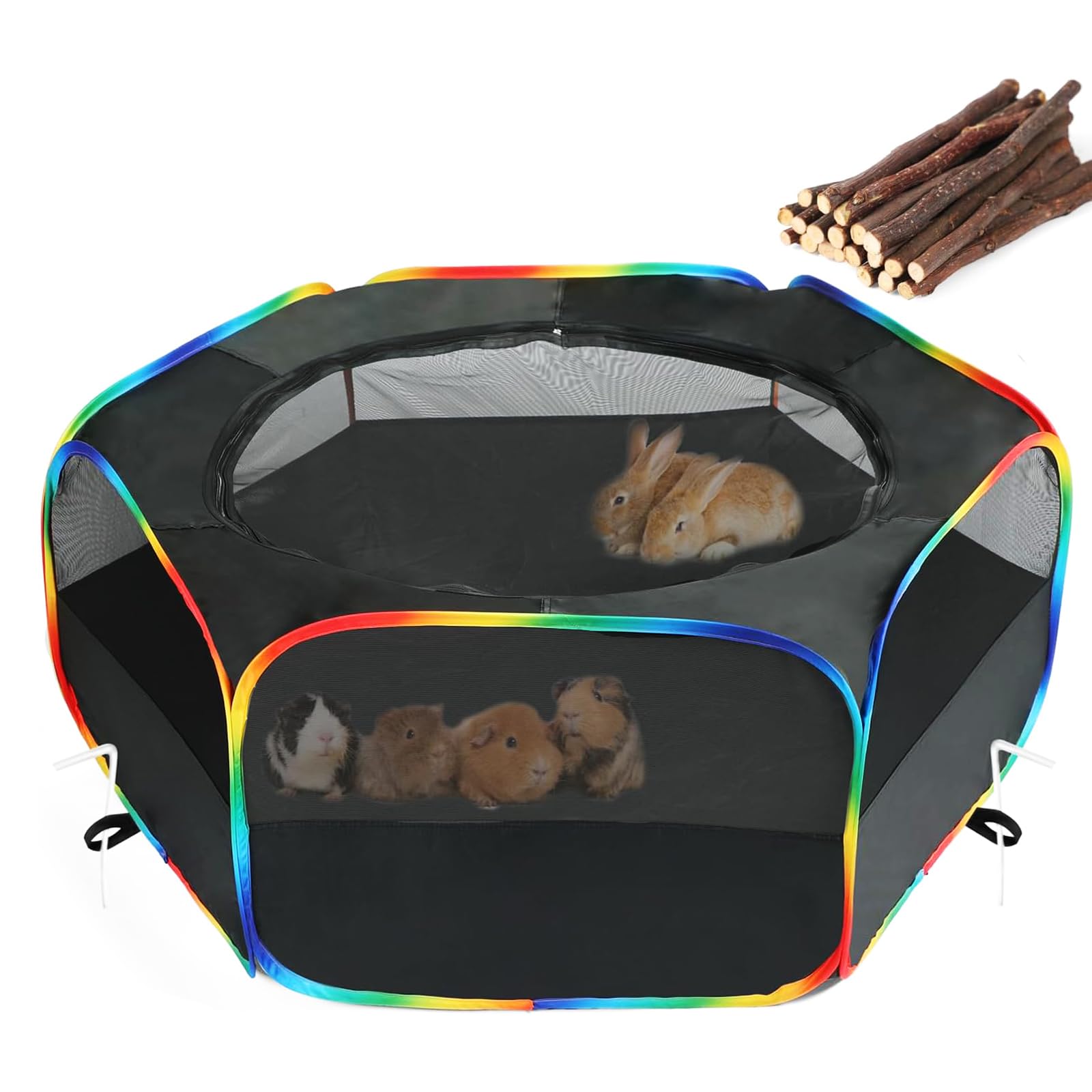 LUCKITTY Small Animal Playpen, Chick Brooder Box, Guinea Pig Hamster Indoor Playpens & Outdoor Pet Cage Tent with Cover Top, for Kitten/Ferret/Hedgehog/Rabbit/Duckling, Black & Rainbow