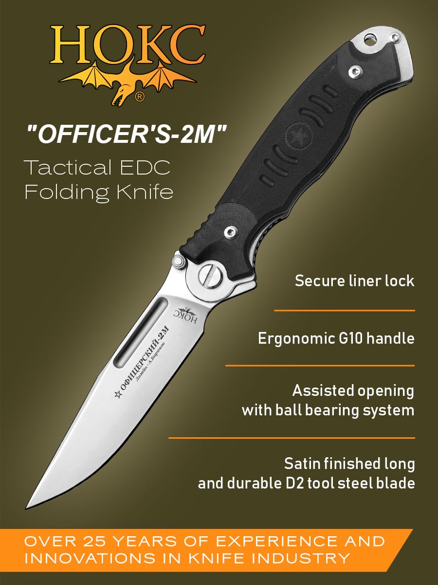 HOKC Officer's-2M | 320-100404 | Pocket Knife, EDC Knife by Official Dealer - Designed by Russian Master Aleksander Biryukov - Liner Lock, G10 Handle, Thumb Stud, Funger Flipper, Ball Bearing Pivot, Comfortable Pocket Clip, Long and Durable D2 Stainless T