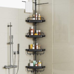 XLHOMO 32-122inch Corner Shower Caddy Tension Pole Black, Rustproof Drill-Free Shower Shelves for Bathroom Bathtub Washbasin, Adjustable Shower Organizer with 4 Tier Patent Stable Shelves & Towel Bars