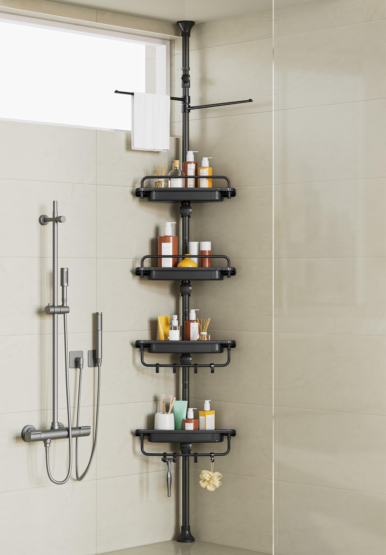 XLHOMO 32-122inch Corner Shower Caddy Tension Pole Black, Rustproof Drill-Free Shower Shelves for Bathroom Bathtub Washbasin, Adjustable Shower Organizer with 4 Tier Patent Stable Shelves & Towel Bars