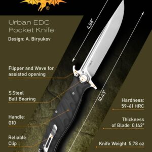 НОКС HOKC Puukko-S | 342-100406 | Pocket Knife with Liner Lock and Lawks Safety System, G10 Handle, Thumb Stud, Finger Flipper, Durable D2 Stainless Tool Steel, Satin Finished Utility Knife