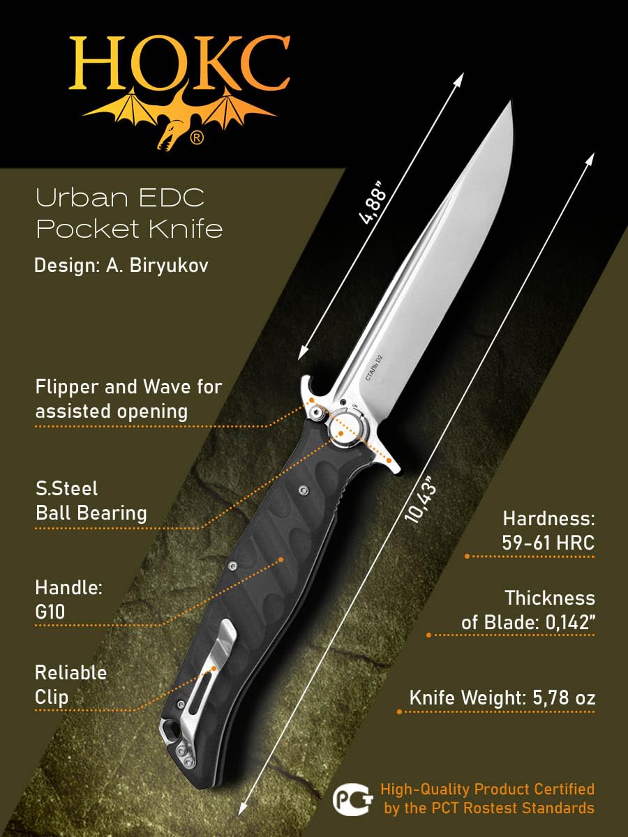 НОКС HOKC Puukko-S | 342-100406 | Pocket Knife with Liner Lock and Lawks Safety System, G10 Handle, Thumb Stud, Finger Flipper, Durable D2 Stainless Tool Steel, Satin Finished Utility Knife