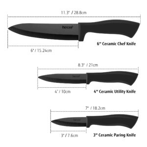 hecef Ceramic Knife Set 3-Piece, include 6'' Chef's Knife, 4'' Utility Knife and 3'' Paring Knife, Black Ceramic Knives for kitchen - Sharp Knife Never Rust Blade