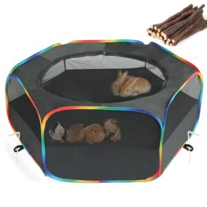 LUCKITTY Small Animal Playpen, Chick Brooder Box, Guinea Pig Hamster Indoor Playpens & Outdoor Pet Cage Tent with Cover Top, for Kitten/Ferret/Hedgehog/Rabbit/Duckling, Black & Rainbow