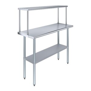 stainless steel work table with wide single tier overshelf | metal kitchen prep table & shelving combo (18" x 48" work table + 12" overshelf)