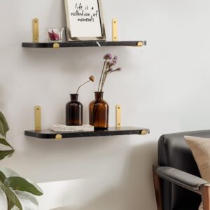 Afuly Black Floating Shelves for Wall, Gold Shelf for Home Decor, 16 inch Wall Mounted Shelves for Living Room Bedroom Bathroom, Modern Luxury Storage Display Marble Shelf