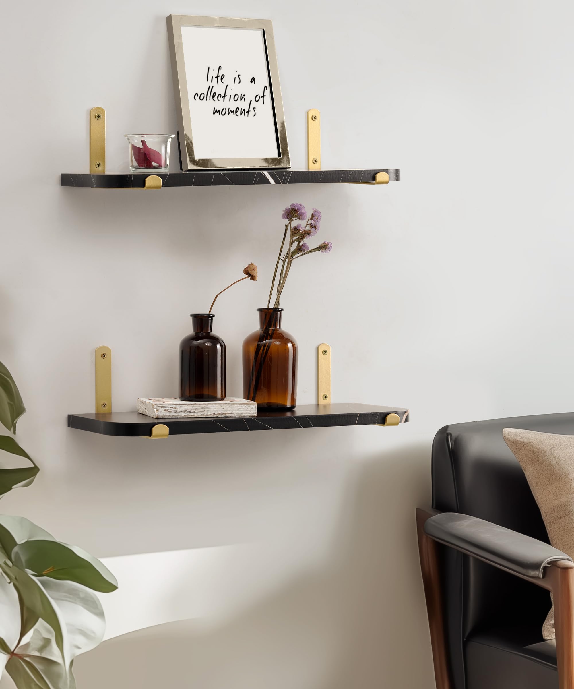 Afuly Black Floating Shelves for Wall, Gold Shelf for Home Decor, 16 inch Wall Mounted Shelves for Living Room Bedroom Bathroom, Modern Luxury Storage Display Marble Shelf