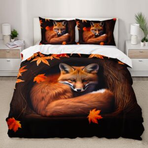 ailonen fox duvet cover set, twin girls comforter cover set, orange autumn maple leaves print bedding set,cute fox kawaii kids comforter cover set 3pcs, 1 quilt cover and 2 pillowcases(no comforter)