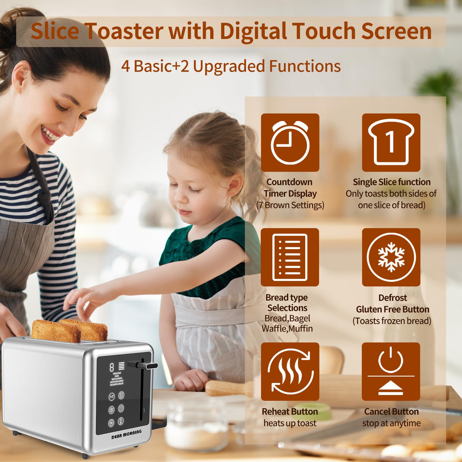 Smart Toaster Digital Tuch Screen Toaster with 5 Bread Selection 7 Shade Setting and Bagel/Defrost/Cancel/Reheat Function 1.5” 2 Slice Stainless Steel Toaster with Removable Crumb Tray