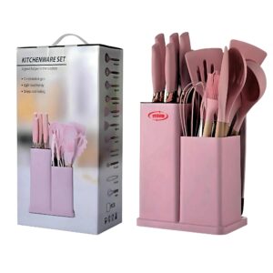 cooking utensils set, 19-piece silicone utensil and knife set with block, including 11 silicone utensils, 5 stainless steel knives, scissors, kitchen utensils block and cutting board by itzzo-pink