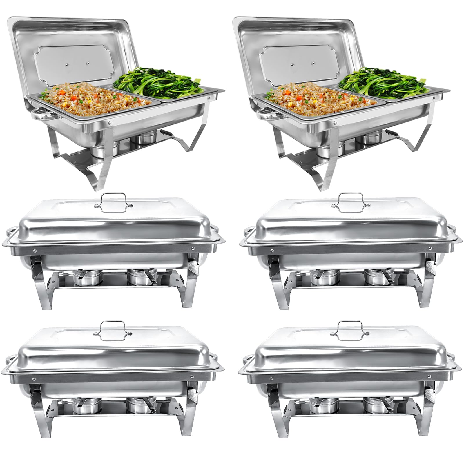 Jacgood Chafing Dish for Buffet, 6 Pack Stainless Steel Chafing Servers Food Warmer Sets with 8QT Half Size Food Pan for Kitchen Party Banquet Dining