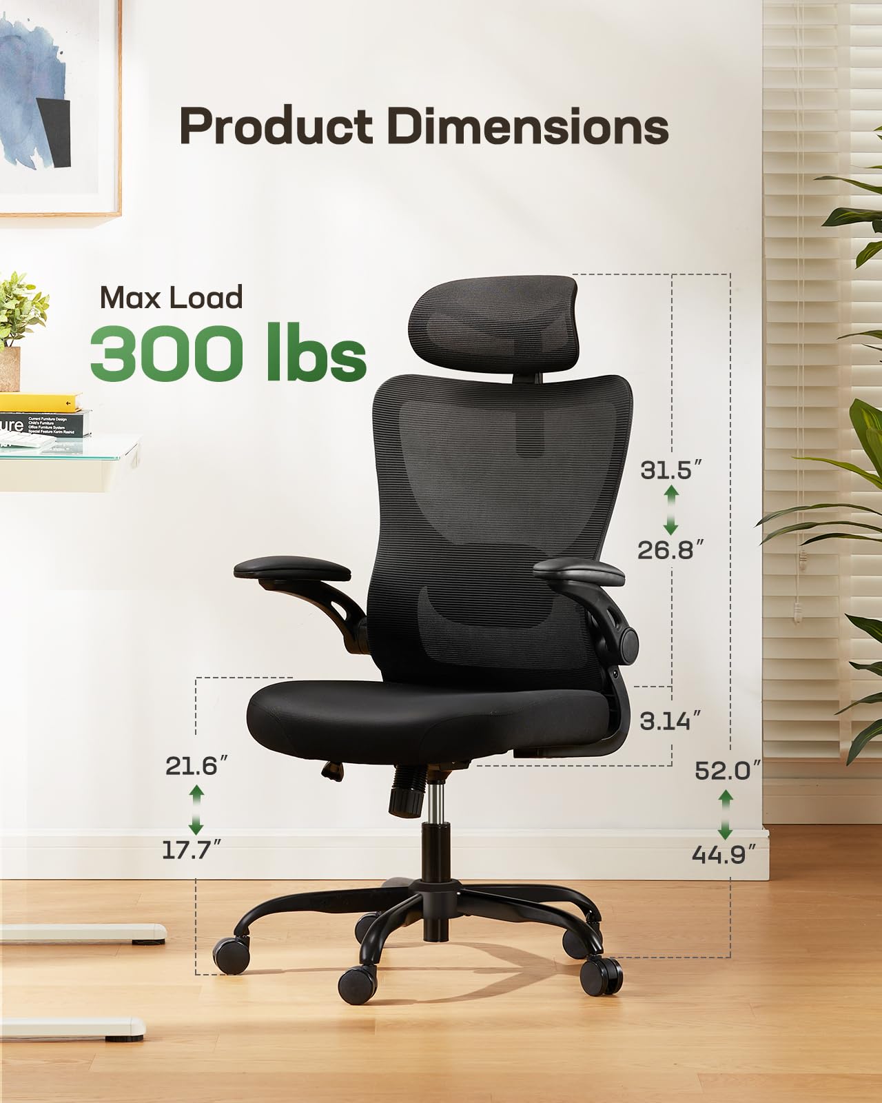 Marsail Ergonomic Office Chair: Office Computer Desk Chair with High Back Mesh and Adjustable Lumbar Support Rolling Work Swivel Task Chairs with Wheel 3D Armrests and Headrest