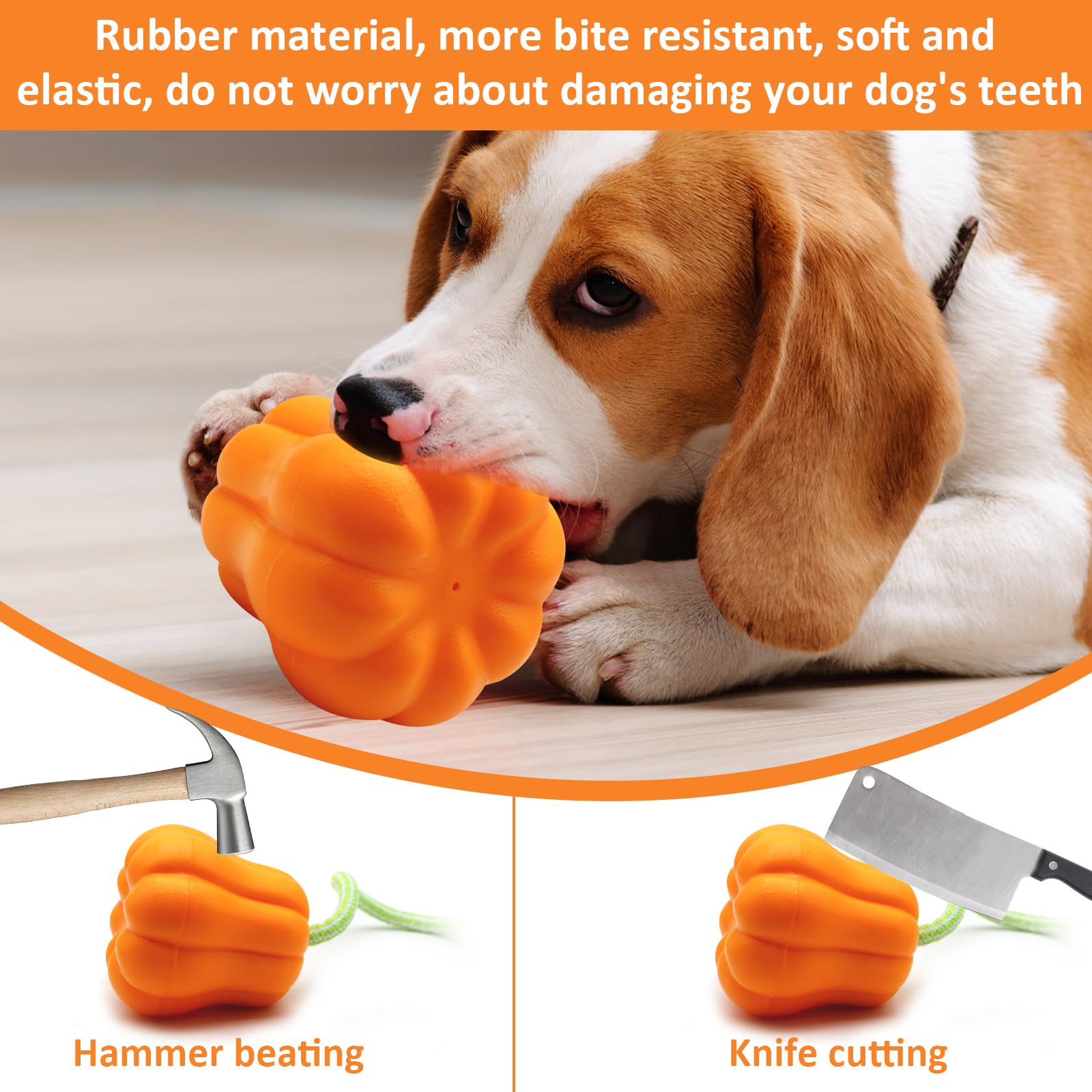 Vayugo Dog Chew Toys with Rope for Aggressive Chewers, Puppy Teeth Chew Pumpkin Natural Rubber Toy, Interactive Hand Toss Pumpkin Dog Toy, Indestructible Dog Toy for Small Medium Large Breed