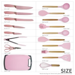 Cooking Utensils Set, 19-Piece Silicone Utensil and Knife Set with Block, Including 11 Silicone Utensils, 5 Stainless Steel Knives, Scissors, Kitchen Utensils Block and Cutting Board by ITZZO-Pink