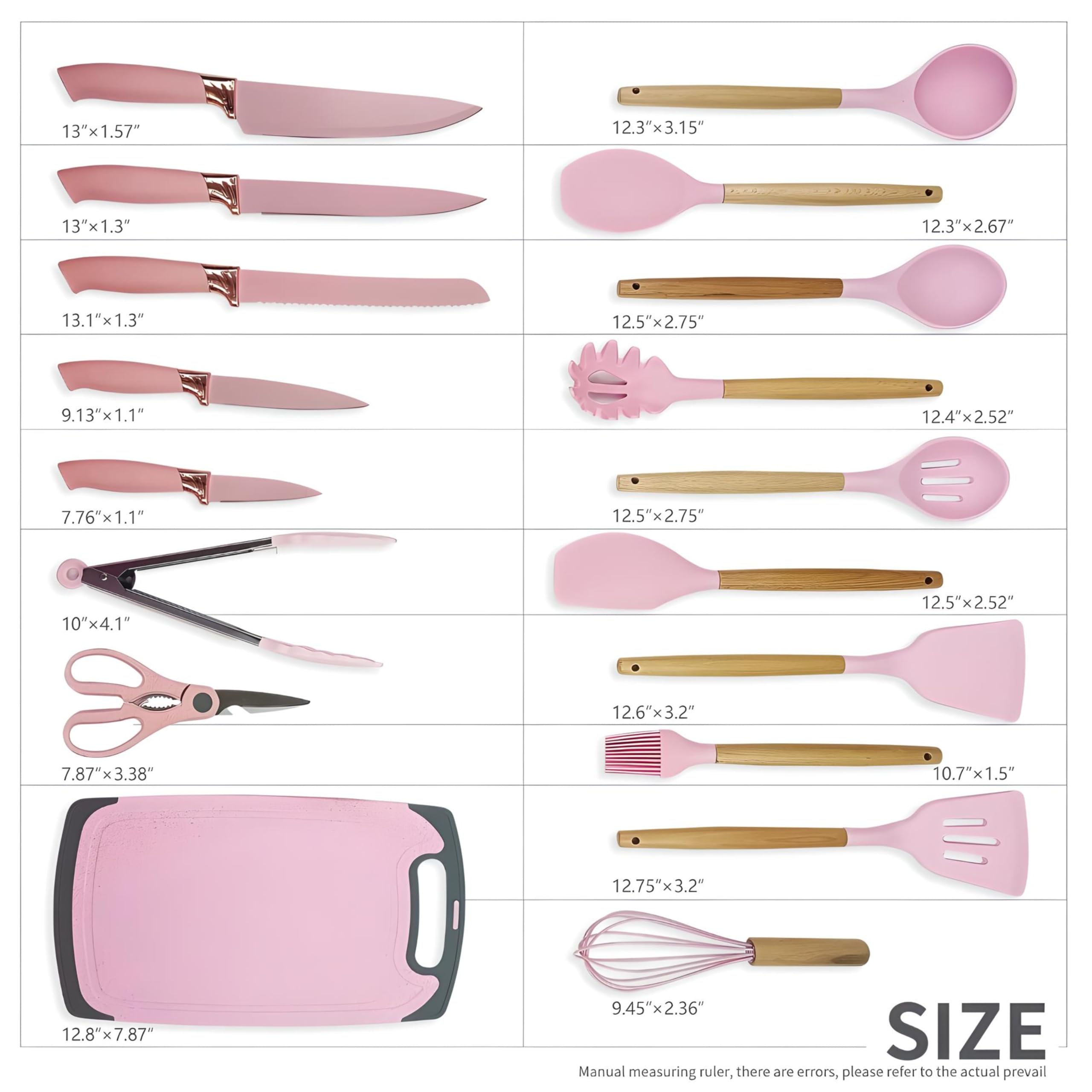 Cooking Utensils Set, 19-Piece Silicone Utensil and Knife Set with Block, Including 11 Silicone Utensils, 5 Stainless Steel Knives, Scissors, Kitchen Utensils Block and Cutting Board by ITZZO-Pink