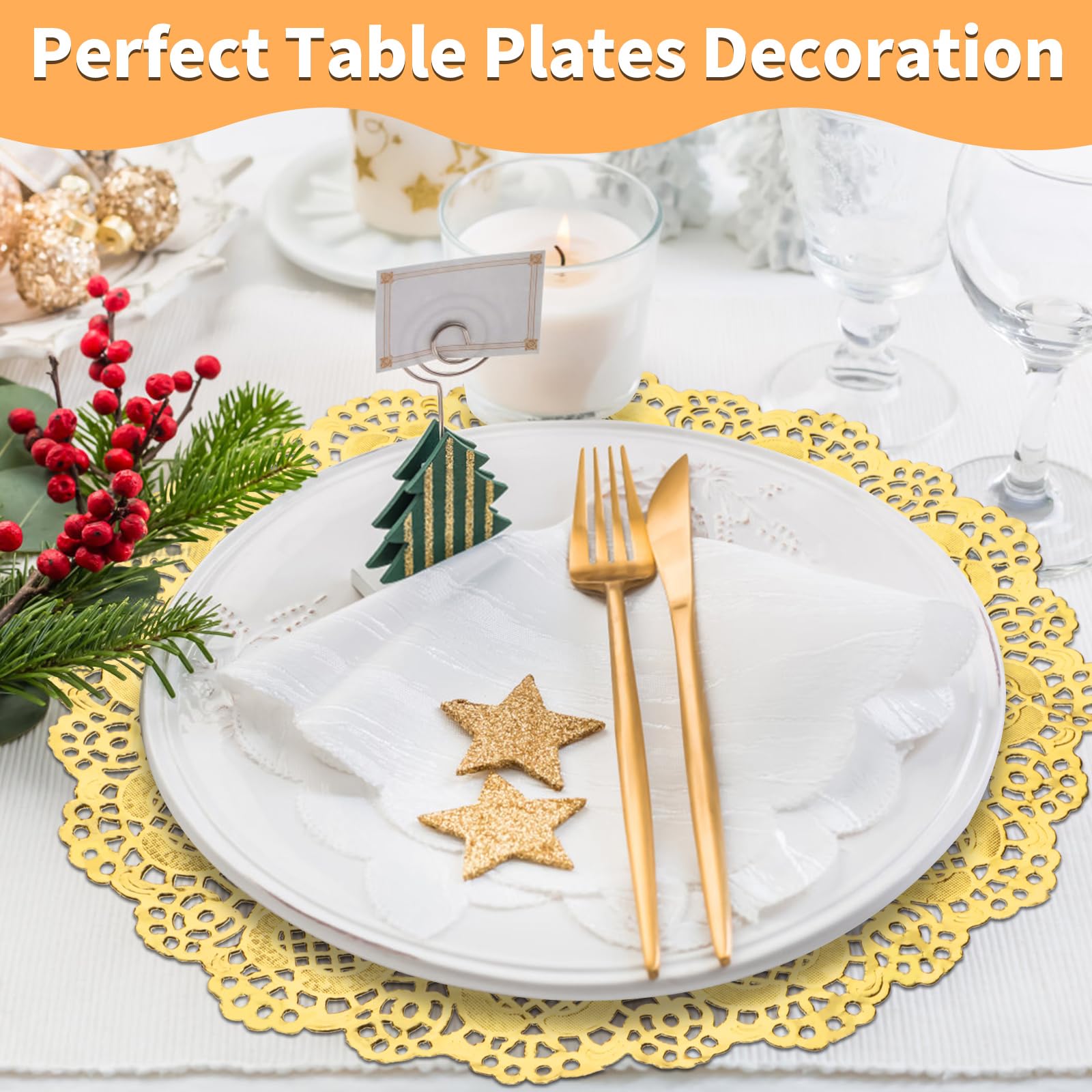 yeestone Gold Paper Doilies 12 Inch, 50 Pack Disposable Charger Plates, Round Paper Placemats, Foil Paper Doilies Bulk for Party Table Decor