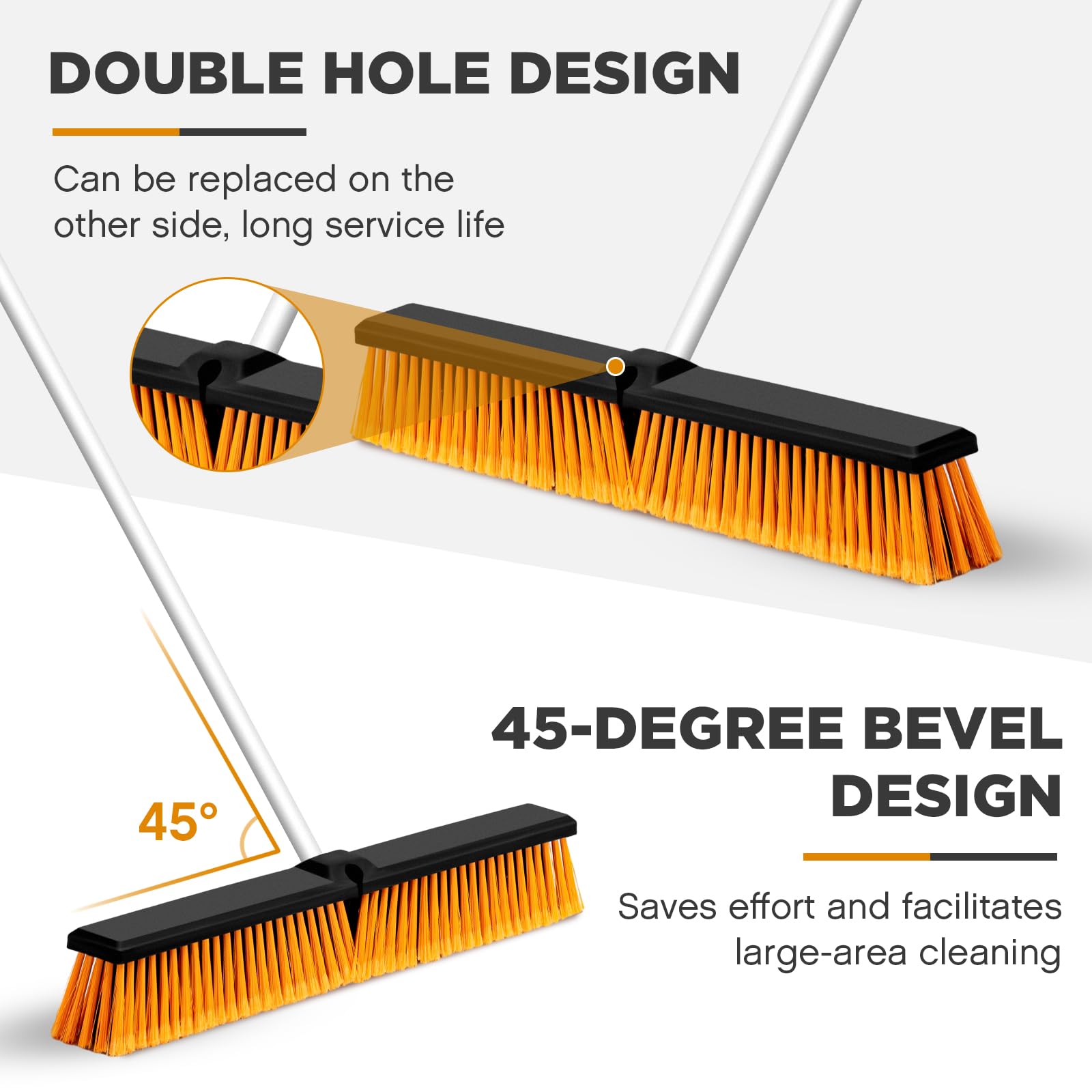 Suclain 2 Pcs Push Broom Outdoor Wide Heavy Duty Broom with Long Handle Stiff Bristles Concrete Brush Commercial for Cleaning Bathroom Kitchen Patio Garage Shop Deck Concrete Tile Floor (18 Inch)