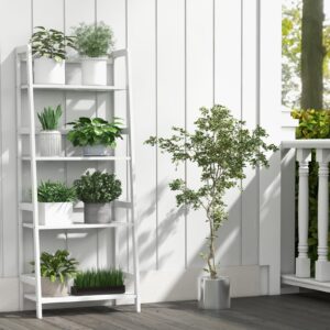 COSTWAY 4-Tier Ladder Shelf, 47.5'' Bamboo Plant Stand Rack, Freestanding Bookshelf, Multifunctional Plant Display, Storage Shelves, Flower Stand Rack Holder for Living Room Balcony, Bedroom (White)