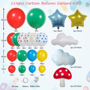 ECEAE 118Pcs Red Blue Yellow Green Rainbow Circus Balloons Garland Arch Kit With Star, Mushroom, Cloud Balloons, For Baby Shower, Birthday Decoration, Cartoon & Video Game & Carnival Themed Parties