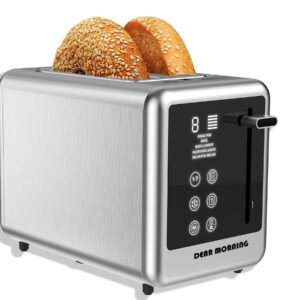 Smart Toaster Digital Tuch Screen Toaster with 5 Bread Selection 7 Shade Setting and Bagel/Defrost/Cancel/Reheat Function 1.5” 2 Slice Stainless Steel Toaster with Removable Crumb Tray