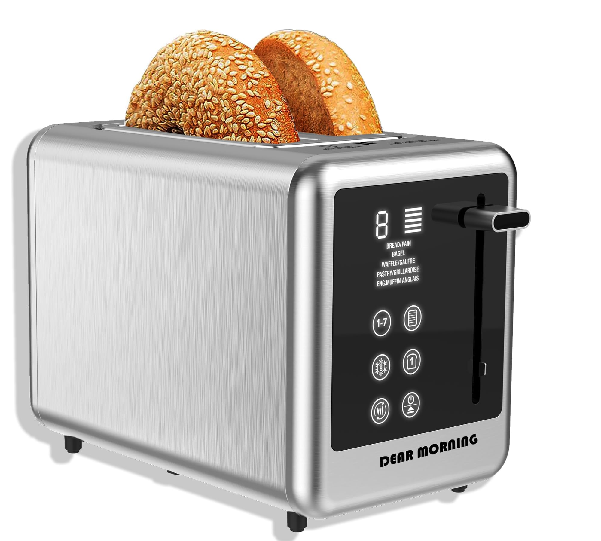 Smart Toaster Digital Tuch Screen Toaster with 5 Bread Selection 7 Shade Setting and Bagel/Defrost/Cancel/Reheat Function 1.5” 2 Slice Stainless Steel Toaster with Removable Crumb Tray